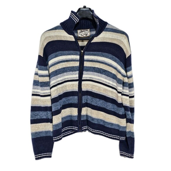 Heirloom Collectibles Sweater Full Zip Knight Ramie Cotton Size M Blue Stripe - Picture 2 of 10